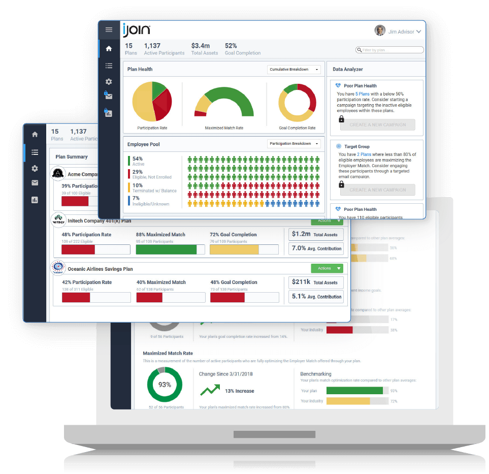 iJoin's advisor dashboard displayed across three laptop screens