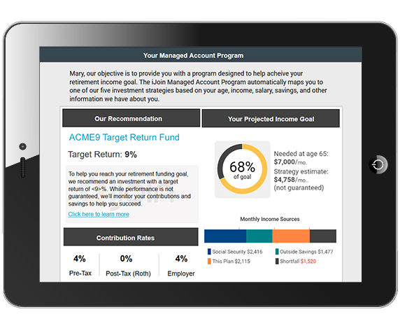 Tablet displaying a screenshot of the iJoin Managed Account Program tools