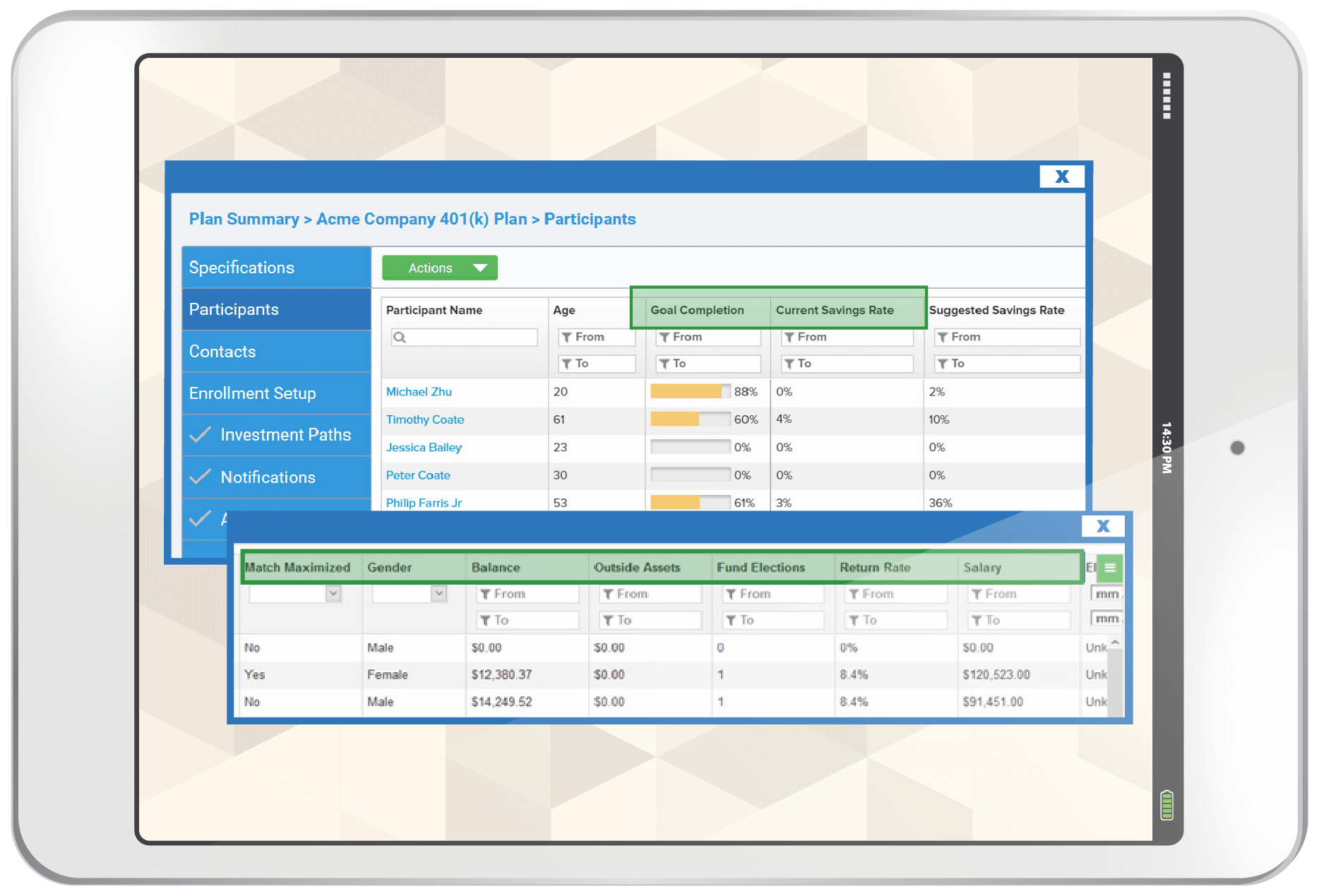 Tablet displaying screenshots of iJoin's Plan Summary tool